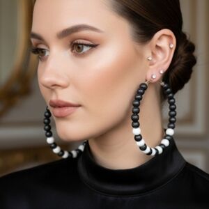 Large hoop earrings with wooden beads, wooden earrings. 2.3 Inches